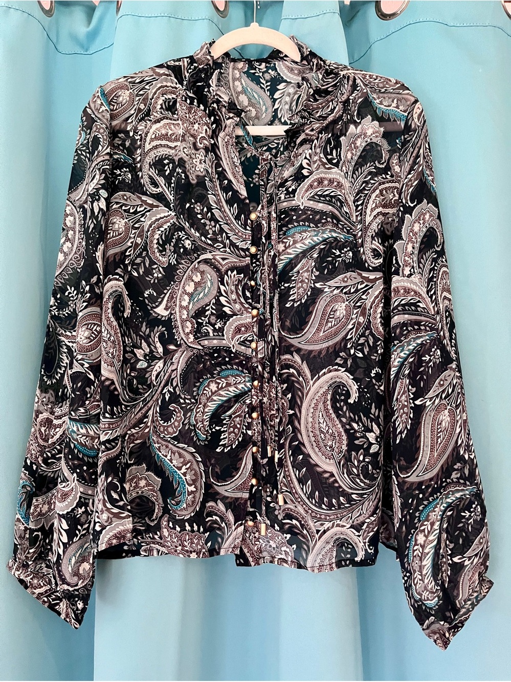 Sheer Button-Front Women’s Blouse in Black and Teal Paisley - NWOT - Size 12